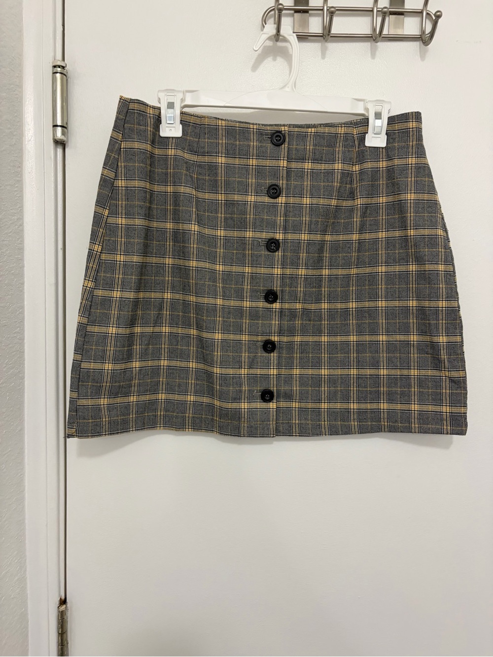 Forever 21 Gray and Yellow Plaid Button-Front Mini Skirt
